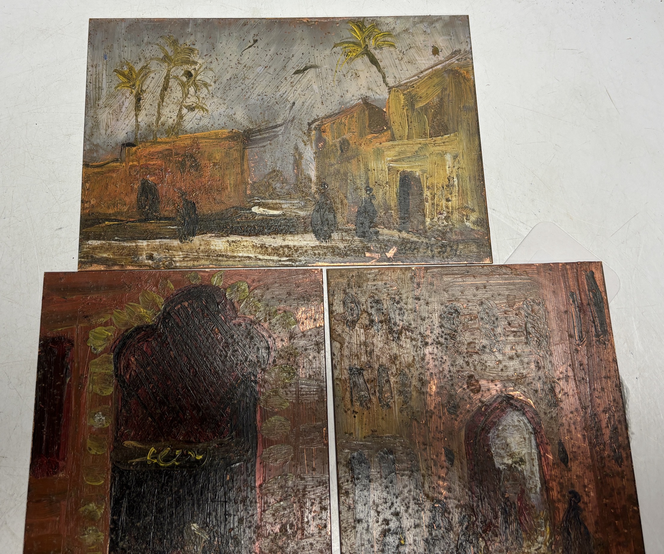 P. Buisson, set of five oils on copper panels, Middle Eastern landscapes with figures, each signed, each 15 x 9.5cm, unframed